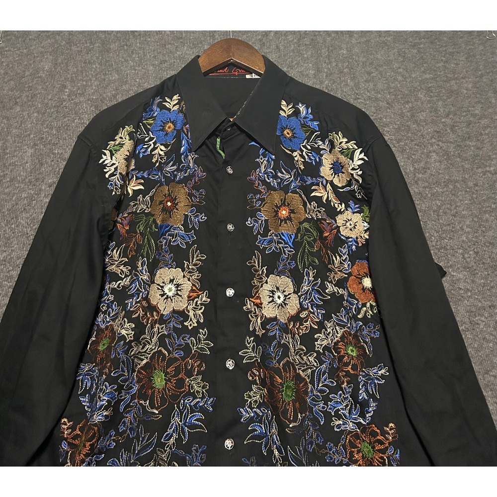 Robert graham button up shirt long sleeve black floral embroidered size XL
